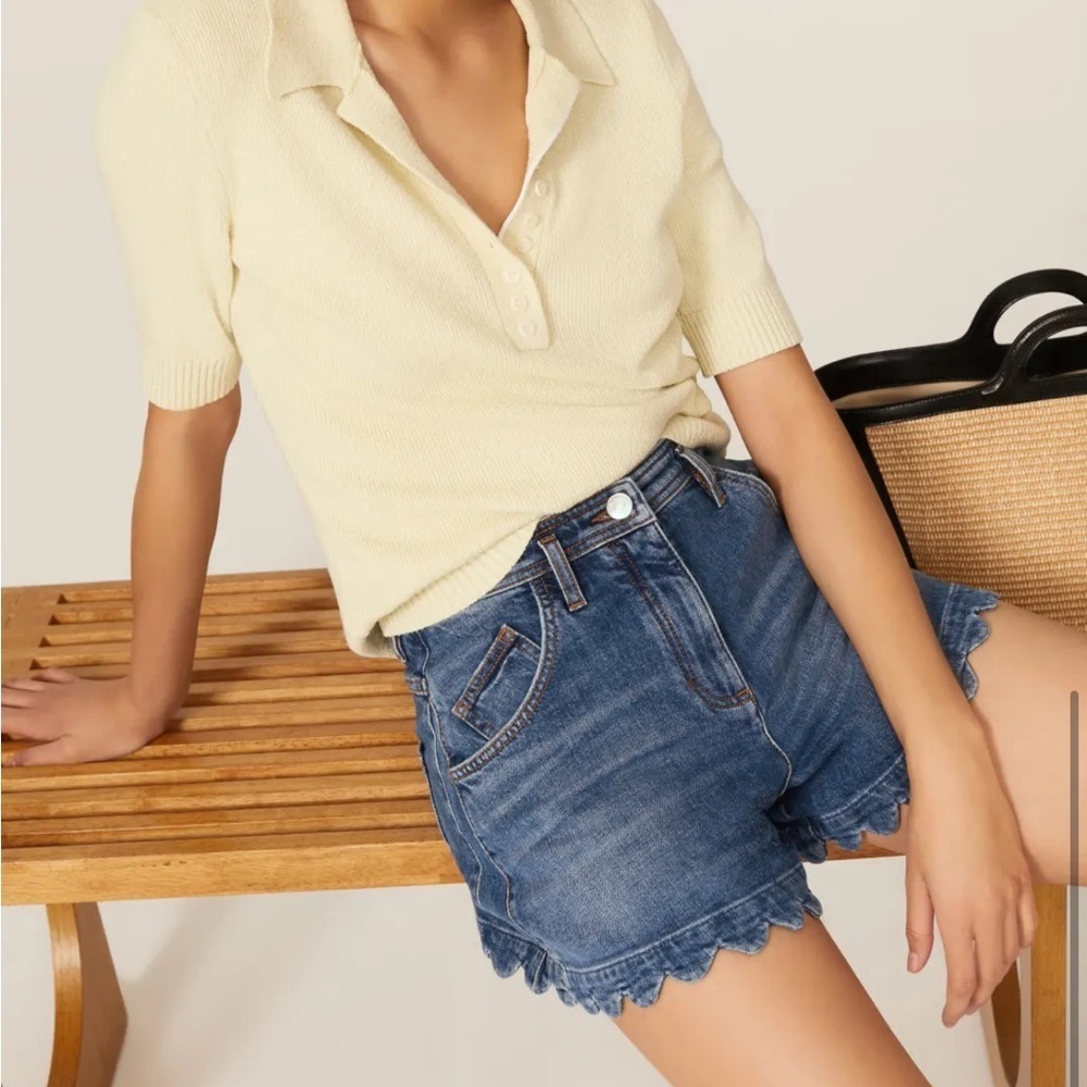 Maje Scalloped Trim Denim Shorts